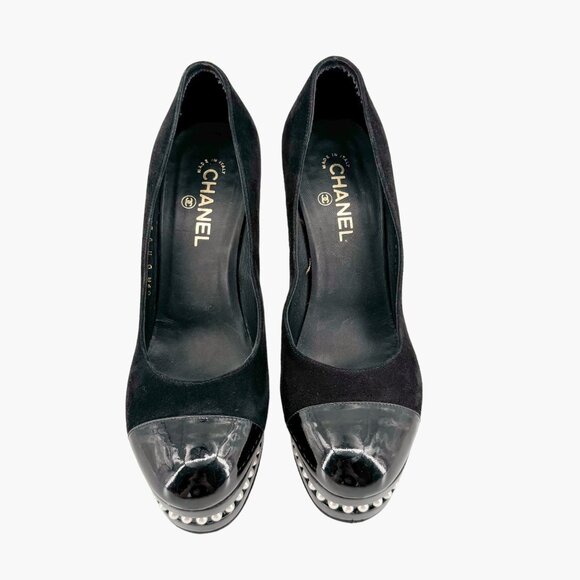 Chanel Platform Pearl Pumps EU 41 US 10-10.5 Black Suede Leather Cap Toe Heel - Picture 2 of 12